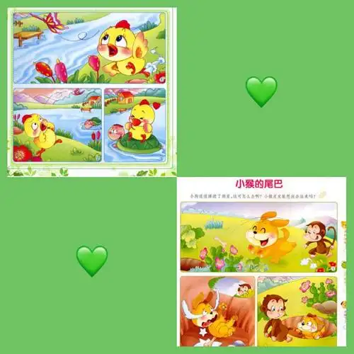 检验一下近段时间的读说能力,来个看图编故事,《小鸡过河》和《小猴的