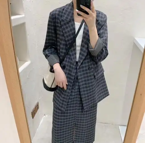 韩国定制款复古格子西装外套女春网红套装chic小西服英伦风
