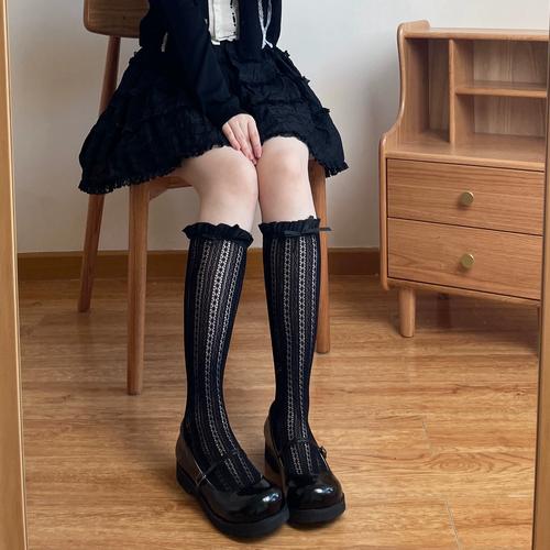 玛丽珍花边镂空蕾丝袜子女中筒网眼薄款透气蝴蝶结堆堆小腿袜jk夏