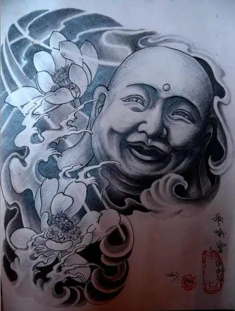 湖北宜昌纹身店:半胛黑白弥勒佛纹身图案图片