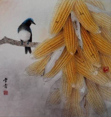 工笔国画底稿  玉米燕雀斗方白描27#打印稿宣纸稿