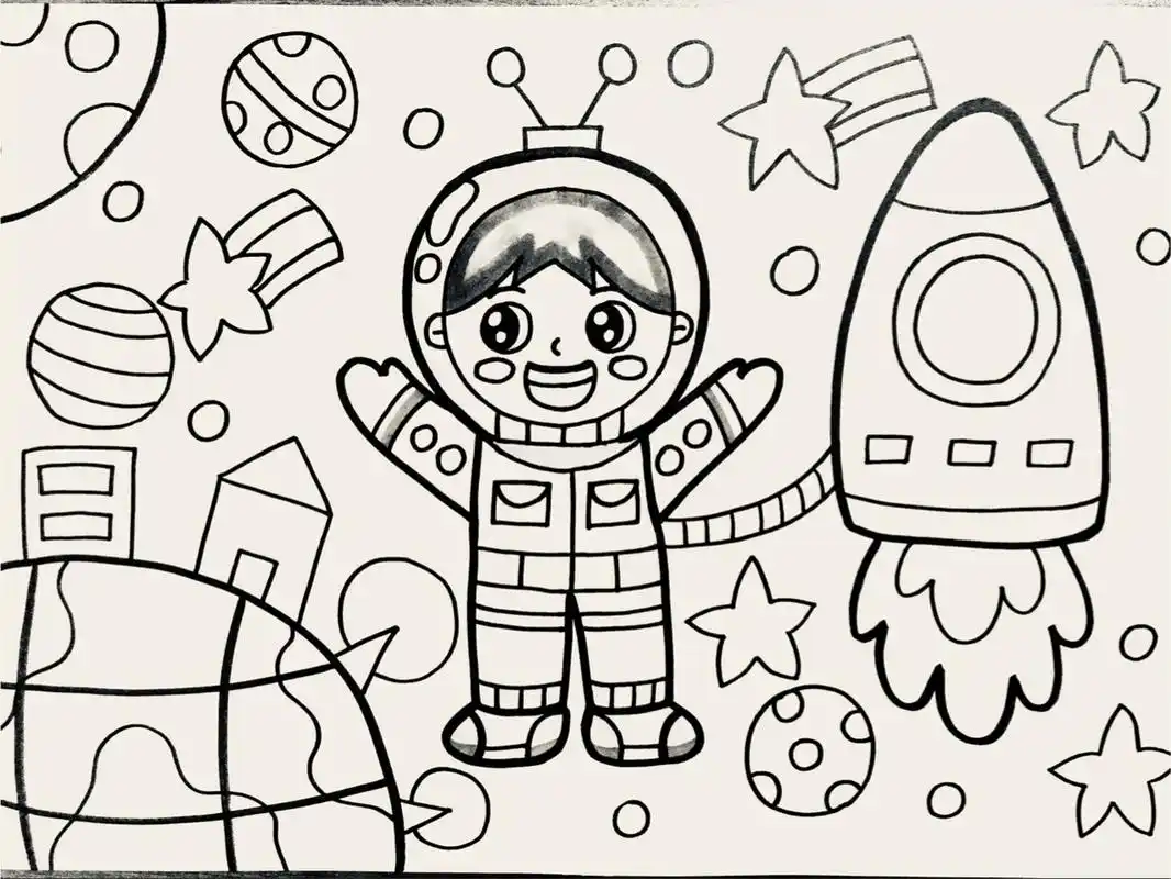 【太空探险04】原创马克笔手绘儿童画创意简 此作品含线稿图 材料