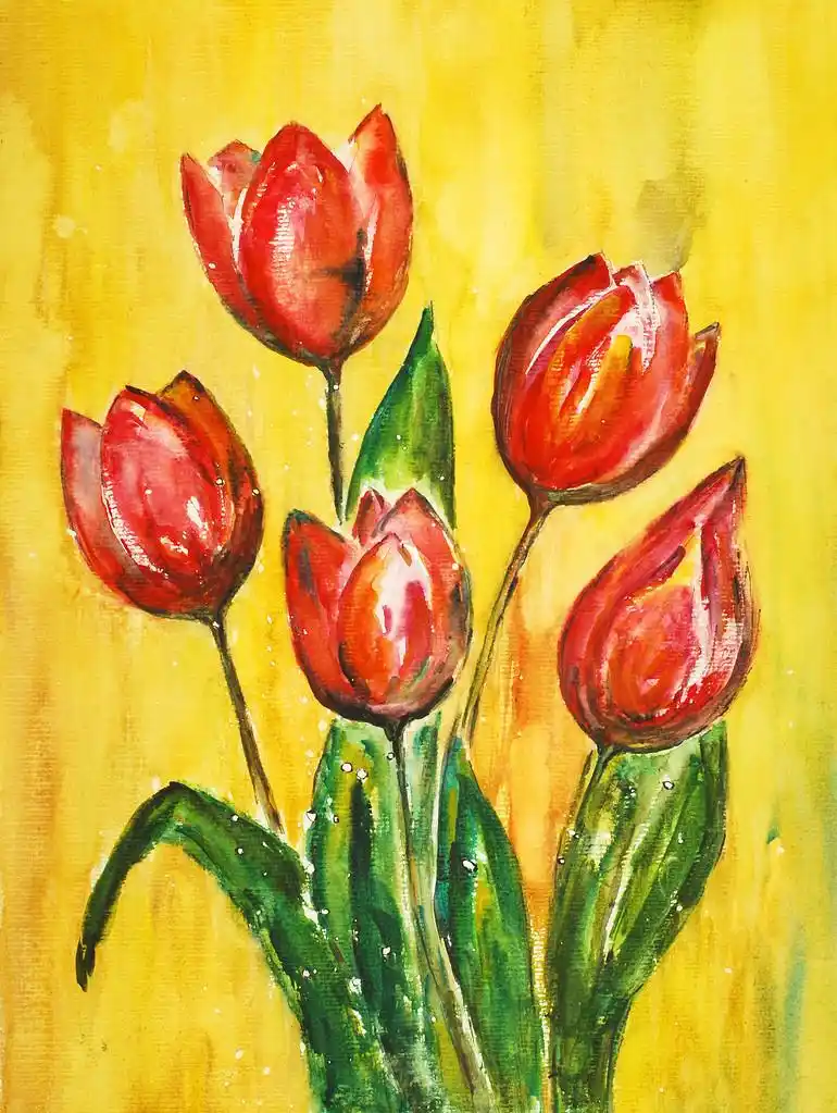 水彩画郁金香,在黄色背景,水彩作品红色郁金香