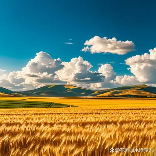 金色的麦浪,在蓝天白云下轻轻摇曳,丰收的喜悦,尽在这片希望的田野.