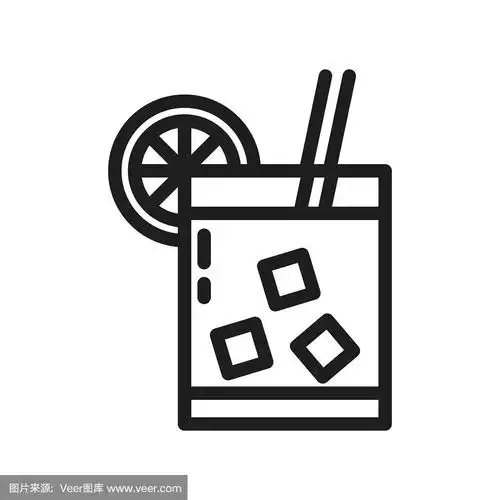 矢量插图与一杯饮料的冰块和柠檬或橘子片和一根吸管.