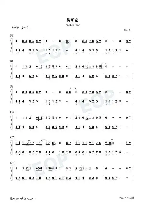 吴哥窟-c调简单版双手简谱预览1-钢琴谱文件(五线谱,双手简谱,数字谱