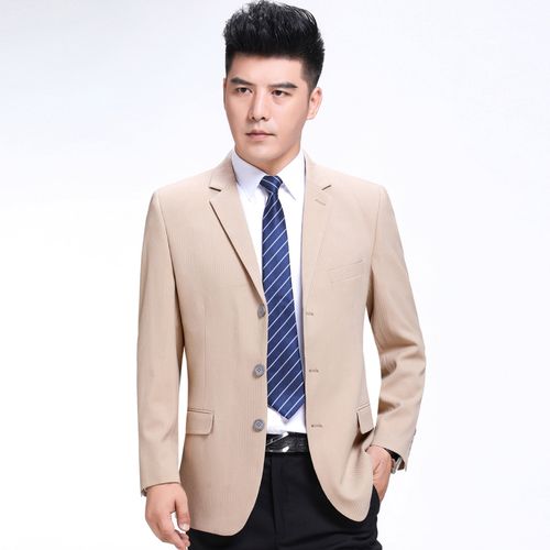 春季新款中年男士米黄羊毛西装商务外套报喜鸟免烫有袋盖单西服