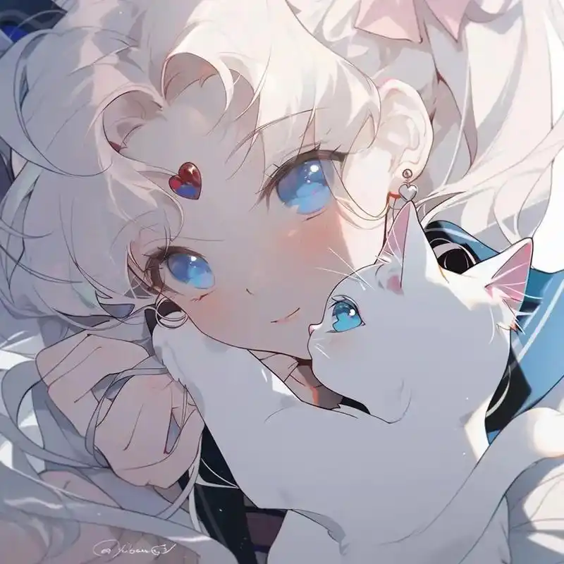 银发少女/女孩抱猫/旧漫头像#白色头发.#二次元 #优质头像 - 抖音