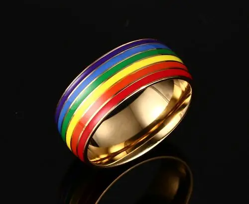 彩虹志同道合戒指潮男钛钢个性简约指环食指戒子创意刻字 金色美围7号