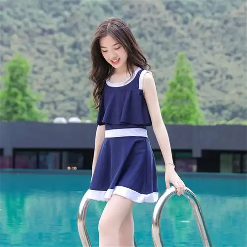 泳衣女款13岁12岁初中生韩版保守分体游泳衣微胖高个子女学生泳装