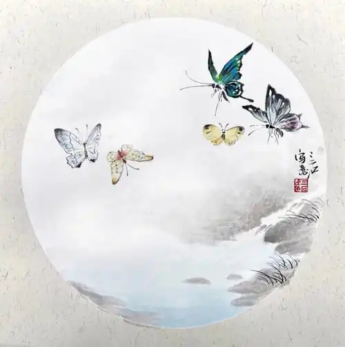 这是一幅写意花鸟画,描绘的是蝴蝶泉边的情景.主要描绘的是蝴蝶;2.