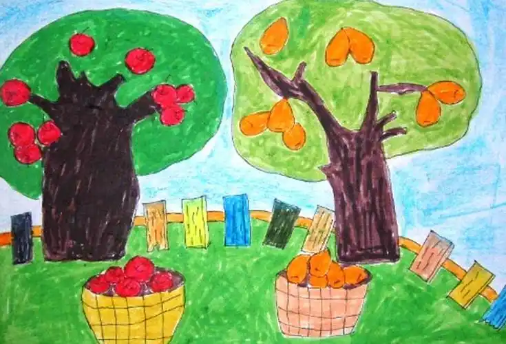 秋天果园丰收的简笔画风景简笔画-艺美术果园简笔画图片教程果实丰收