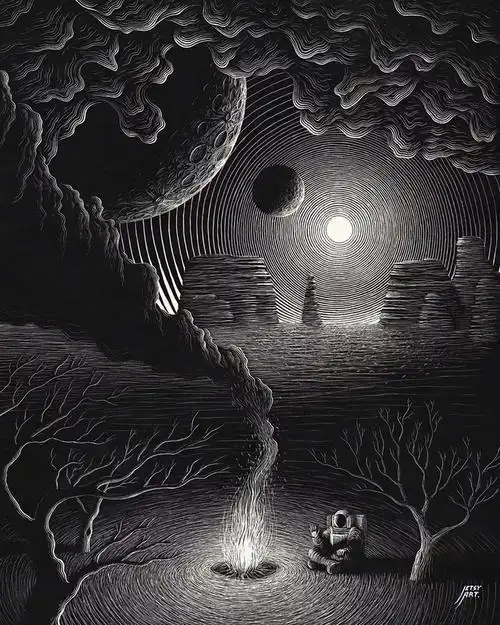 澳大利亚插画师justinestcourt富有设计感的黑白画风作品在黑暗中描绘