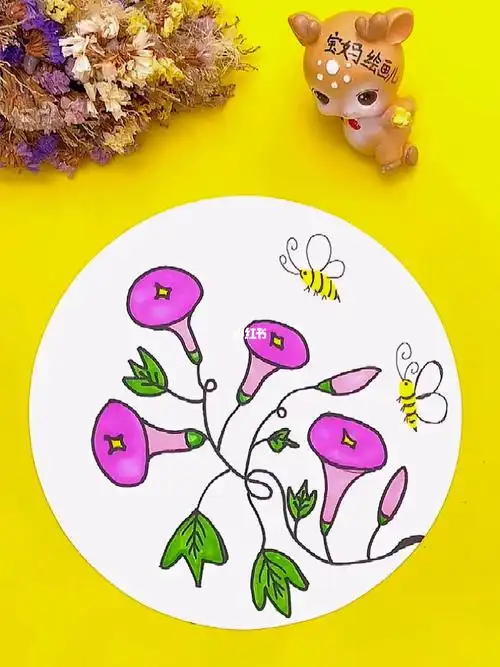 马克笔上色  #马克笔儿童画  #喇叭花  #蜜蜂  #简笔画  #画个简笔画