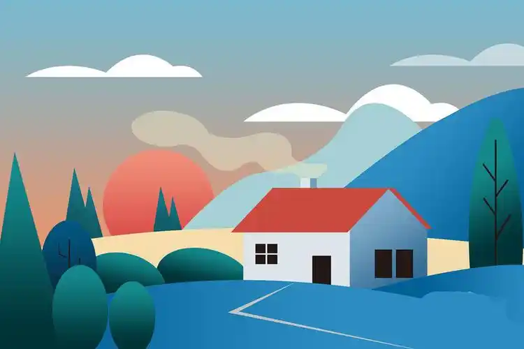 ps怎么手绘落日炊烟商业插画? ps山村风景矢量图的画法