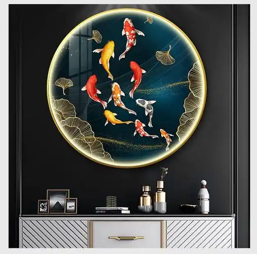 鱼图立体 抽象线条3d立体装饰画客厅卧室玄关发光九鱼图荷花锦鲤挂画