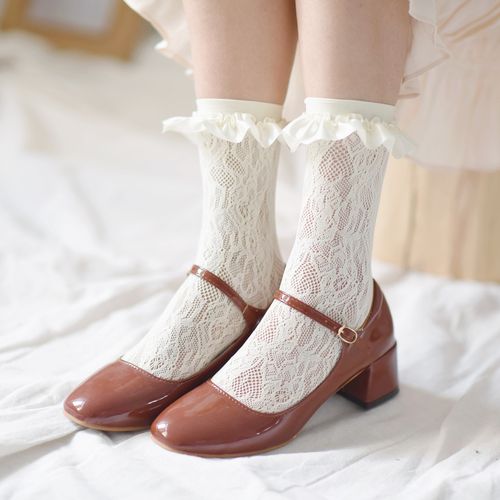 日系白色短袜中筒两穿女袜浪漫绸缎褶皱蕾丝蕾丝花中筒袜
