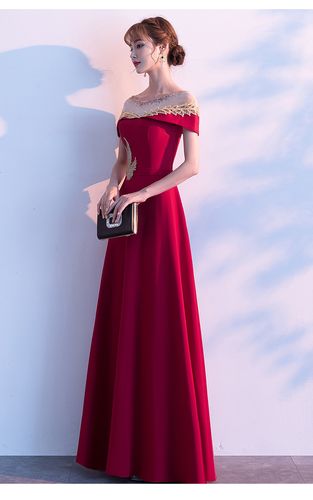 高贵性感一字露肩红色敬酒新娘新款优雅长款礼服