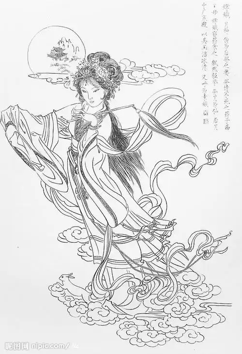 黑白线描工笔仕女设计图