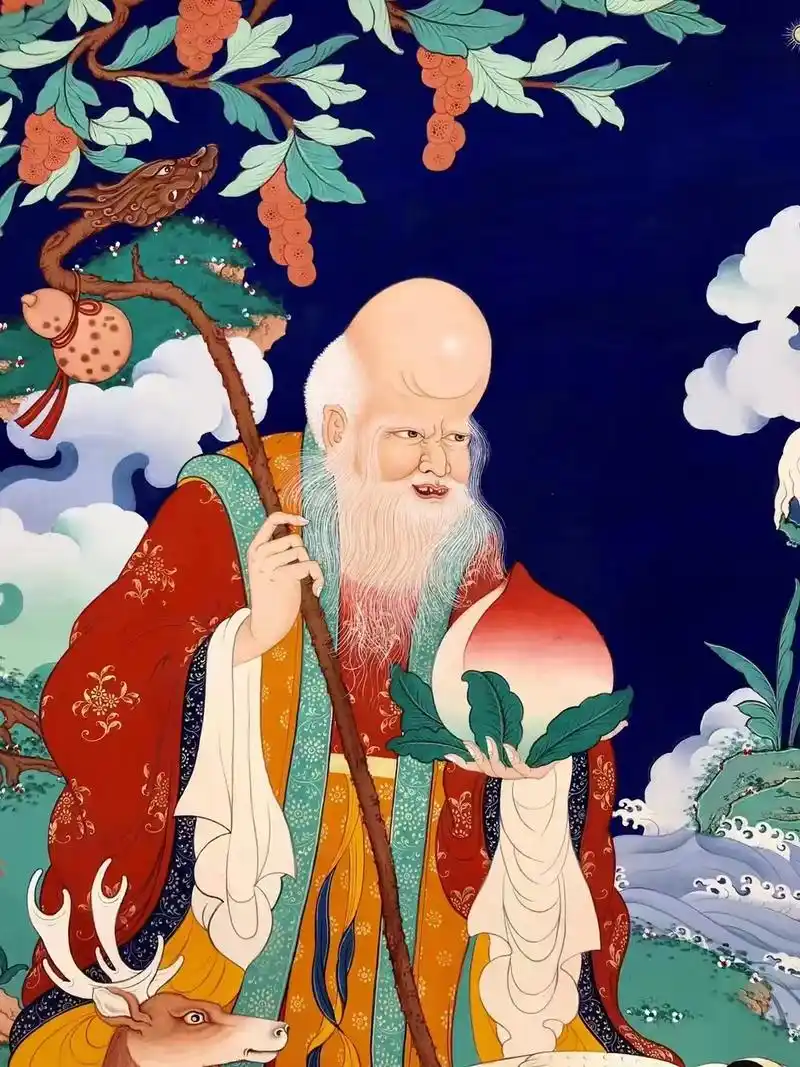 汉藏结合唐卡 | 六长寿六长寿分别是:寿星 长寿树,长寿鹿 - 抖音
