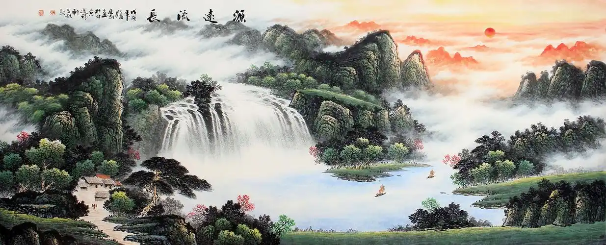 【已售】旺财风水画 陈厚刚流水生财聚宝盆《源远流长》_写意山水画