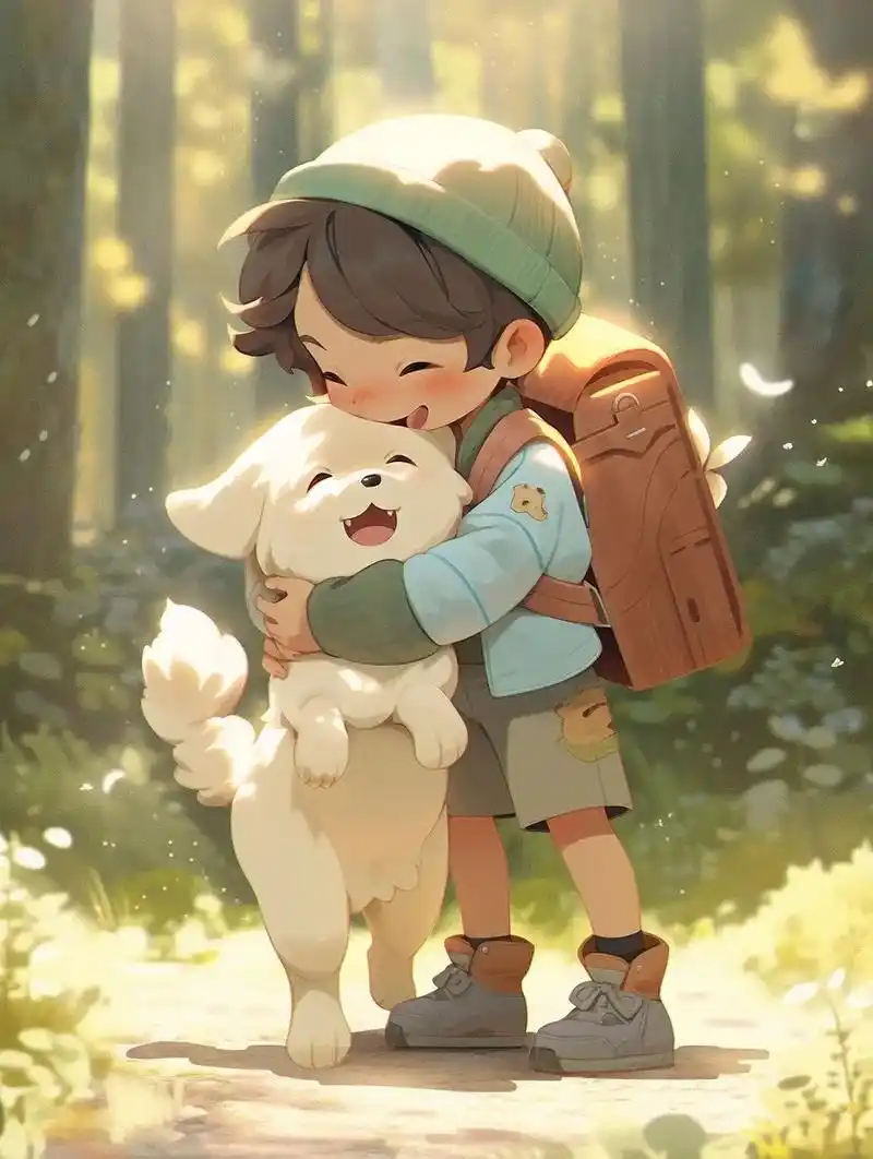 春天男孩和狗ai插画