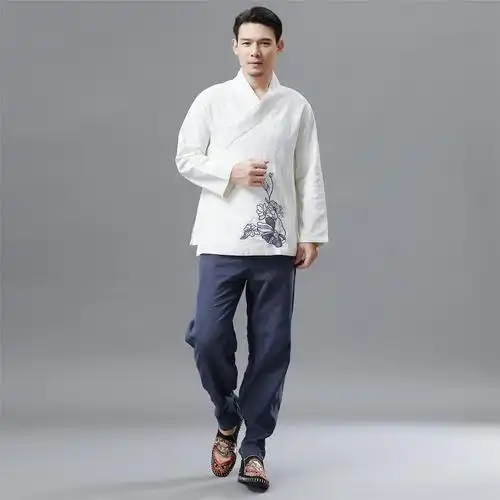 原创衣襟配刺绣设计 男绣花汉服 中国风苎麻汉服立领民族服装