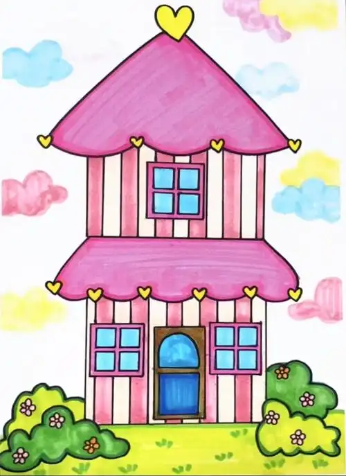 马克笔儿童画粉色的房子