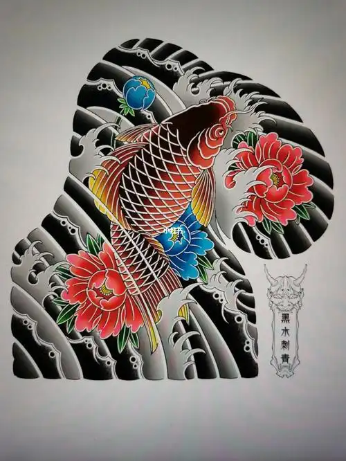 纹身设计  #日式老传统纹身  #半甲纹身  #鲤鱼纹身  #纹身手稿设计