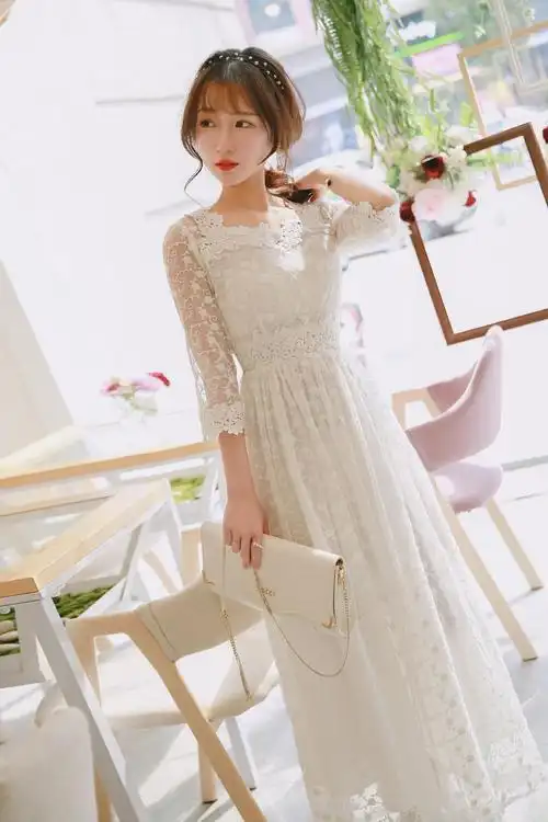 女装新款淑女范长裙蕾丝勾花镂空收腰修身中袖大摆连衣裙夏