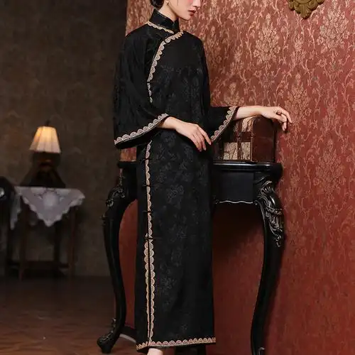 旗袍妤李秋冬民国国风古法倒大黑色连衣裙质感旗袍