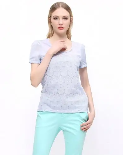 淡紫蓝铜钱提花短袖t恤