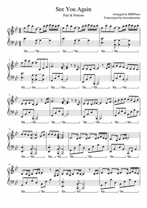 seeyouagain钢琴谱速度与激情7片尾曲