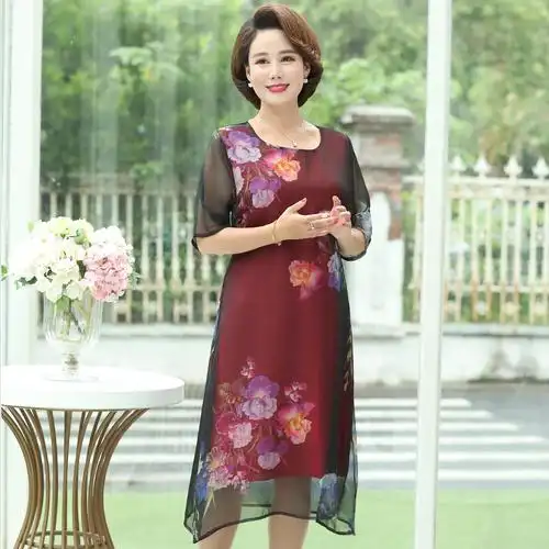 中老年夏装印花短袖连衣裙女妈妈装时尚修身宽松大码雪纺连衣裙女