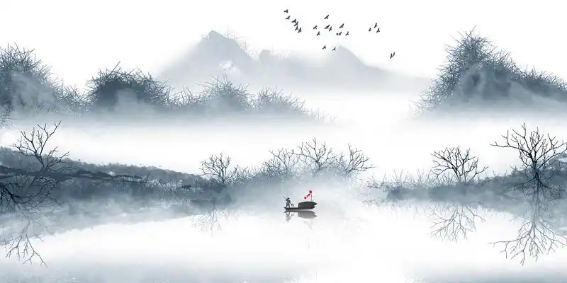 写意蓝色中国风山水画原创插画素材