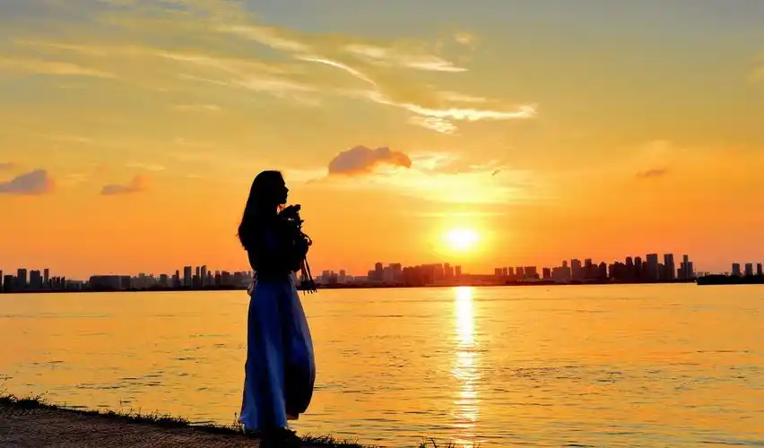 夕阳下的美少女剪影人像