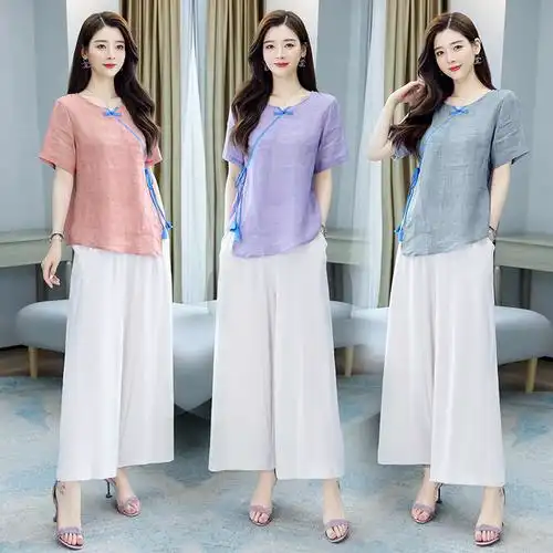 棉麻套装2021女夏季复古民族风阔腿裤两件套宽松遮肉显瘦休闲苎麻