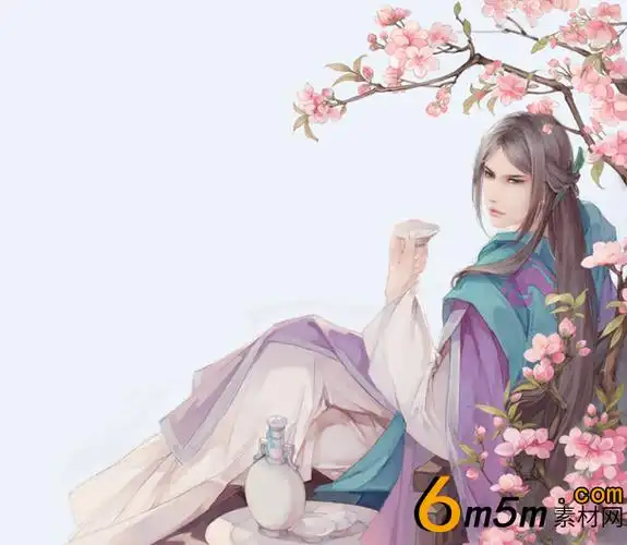 桃花树下坐立的饮酒公子古风角色立绘