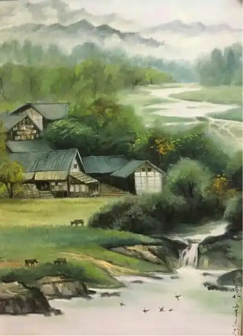 献给丹青老师油画《古韵乡村》
