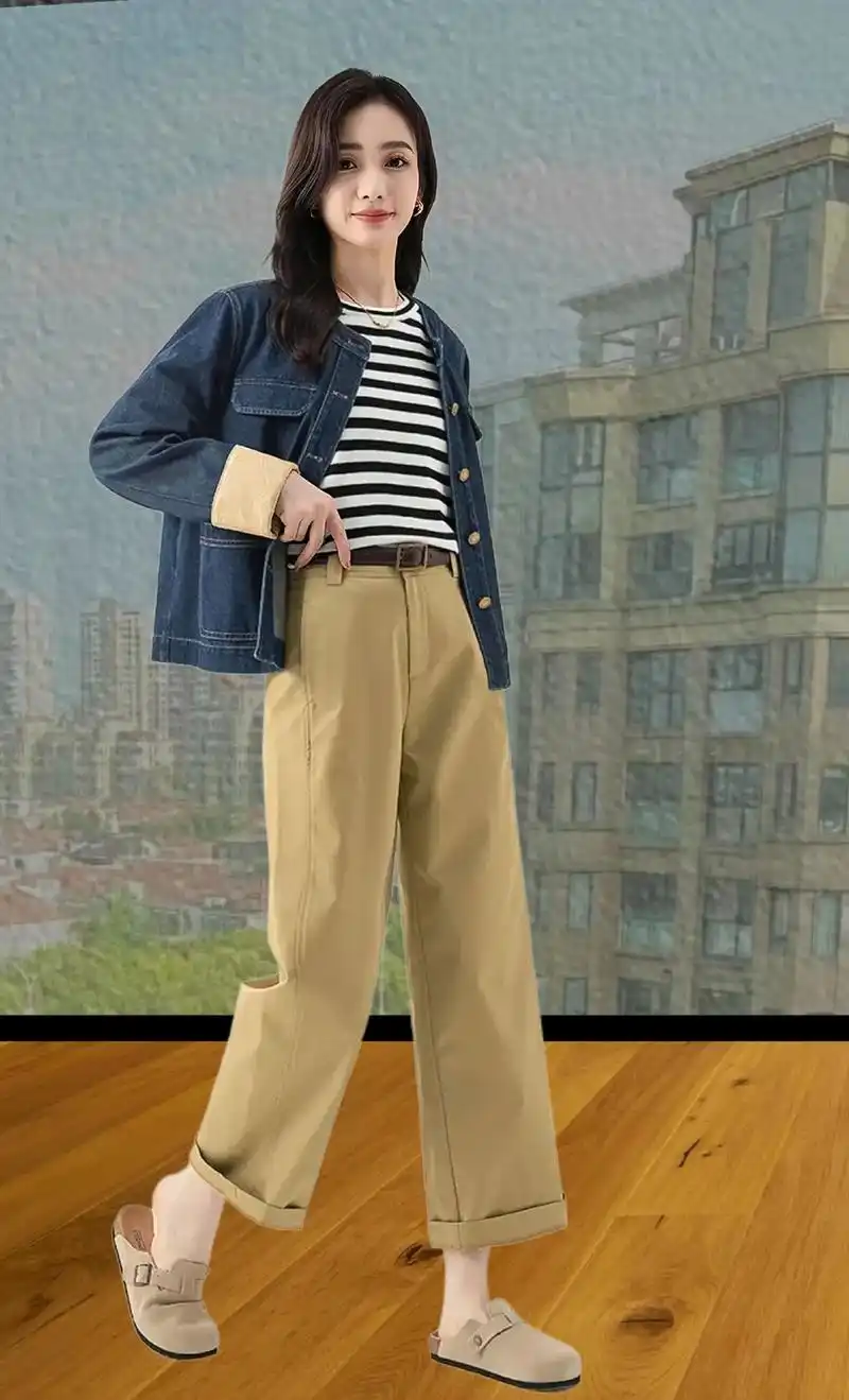 手熨裤宽松阔腿裤新款卡其色裤子九分女裤.