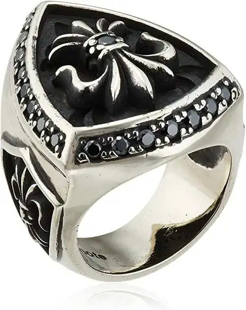 cenote [白色金属饰品] 百合纹章防护戒指 黑色氧化锆