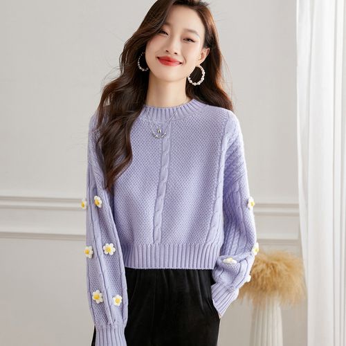100%绵羊毛24春圆领花朵点缀毛衣圆领麻花短款羊毛衫