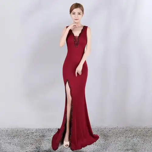 8220-1#晚礼服秋开叉订钻修身鱼尾长款礼服女宴会时尚主持人显瘦