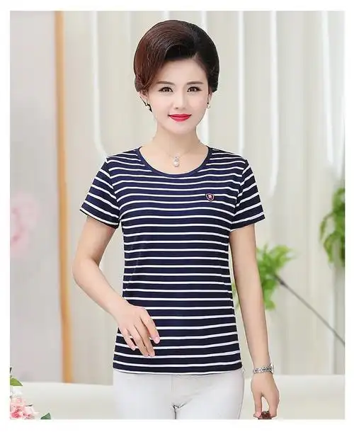 中老年女装夏装上衣中年妈妈条纹短袖纯棉t恤妈妈装全棉女士汗衫