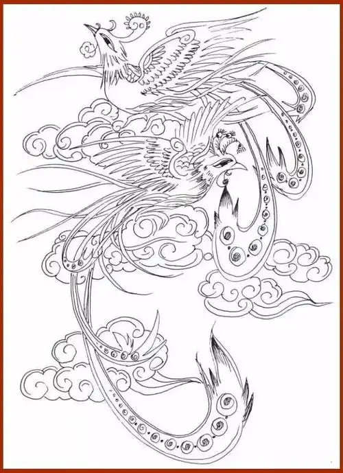 素材| 一组优美的凤凰白描线稿18图