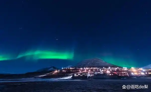 在漫长的极夜期间,人们可以在朗伊尔城的午夜太阳下欣赏到壮观的极光.