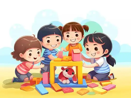 招生教育培训卡通人物白底幼儿园小朋友玩积木做手工元素