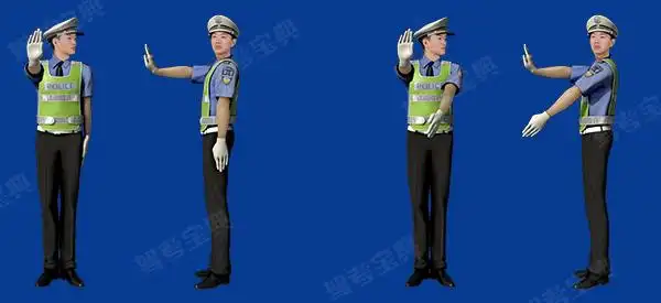 图中警察手势为右转弯信号.