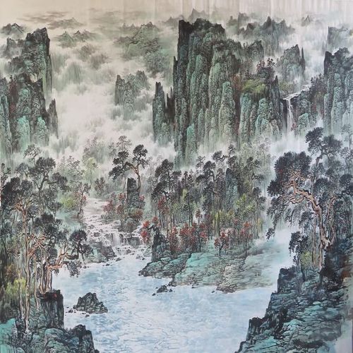 纯手绘一丈二横幅客厅办公室精品青绿瀑布山水画名人字画国画书画