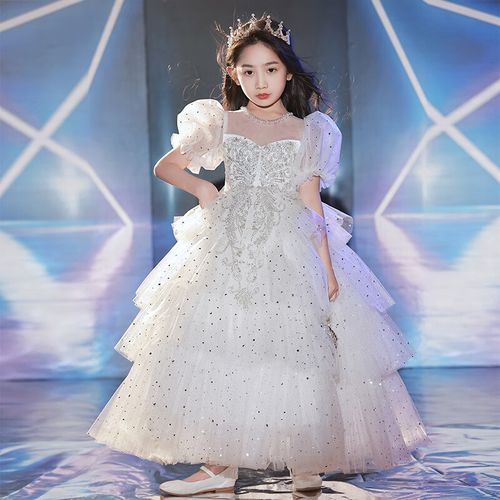猫总监春季花童婚礼婚纱小女孩礼服女童主持人走秀生日蓬蓬纱白色公主